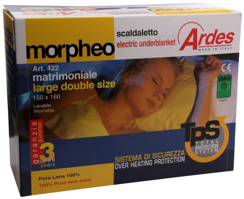 ARDES MORPHEO 422 SCALDALETTO MATRIMONIALE (150 X 160) 100% LANA RISCALDAMENTO INDIPENDENTE SINGOLA PIAZZA DUE COMMUTATORI SEPARABILI A DUE POSIZIONI TPS LAVABILE A MANO GARANZIA ITALIA